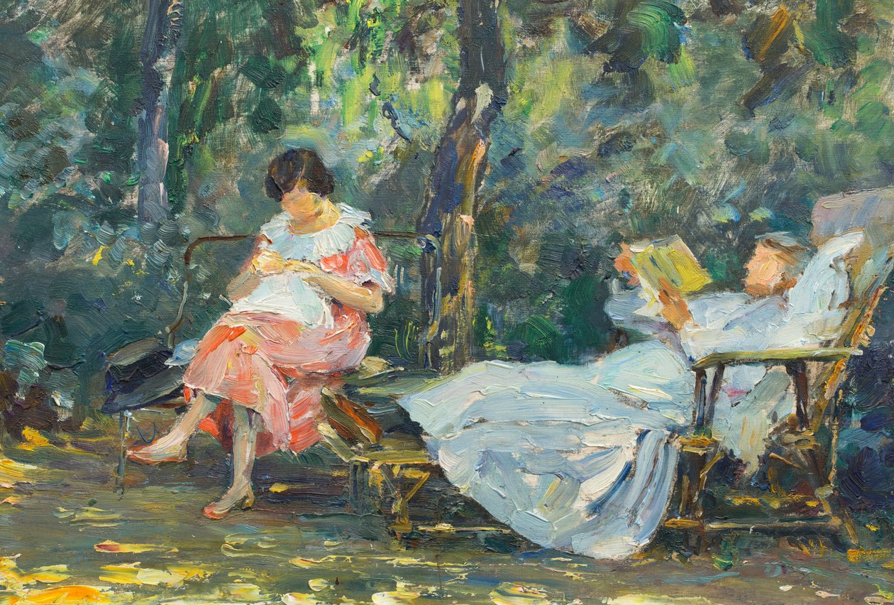 Ler e tricotar no jardim (óleo sobre painel) de Olga (1881 1941) Slomszynska
