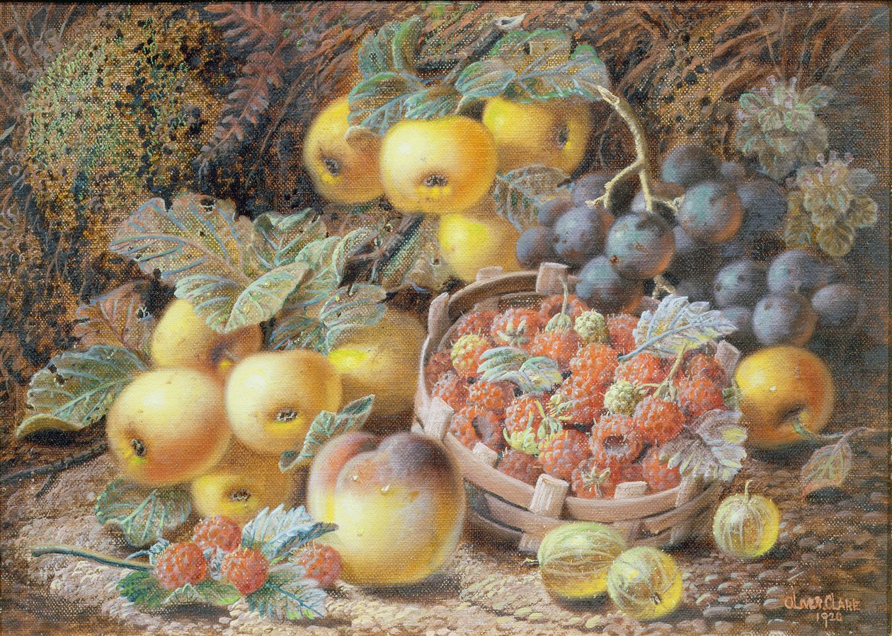 Ainda vida de maçãs, uvas, framboesas, groselhas e pêssego de Oliver Clare