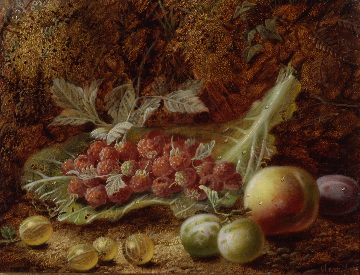 Ainda vida de framboesas, groselhas, pêssego e ameixas em um banco de musgo de Oliver Clare
