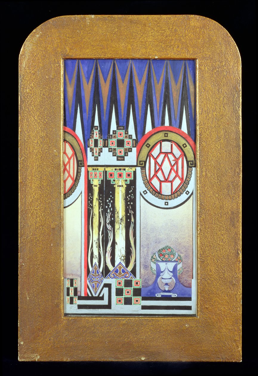 Design para cortina, c.1930 (wc, guache e pintura metálica) de Oliver Percy Bernard