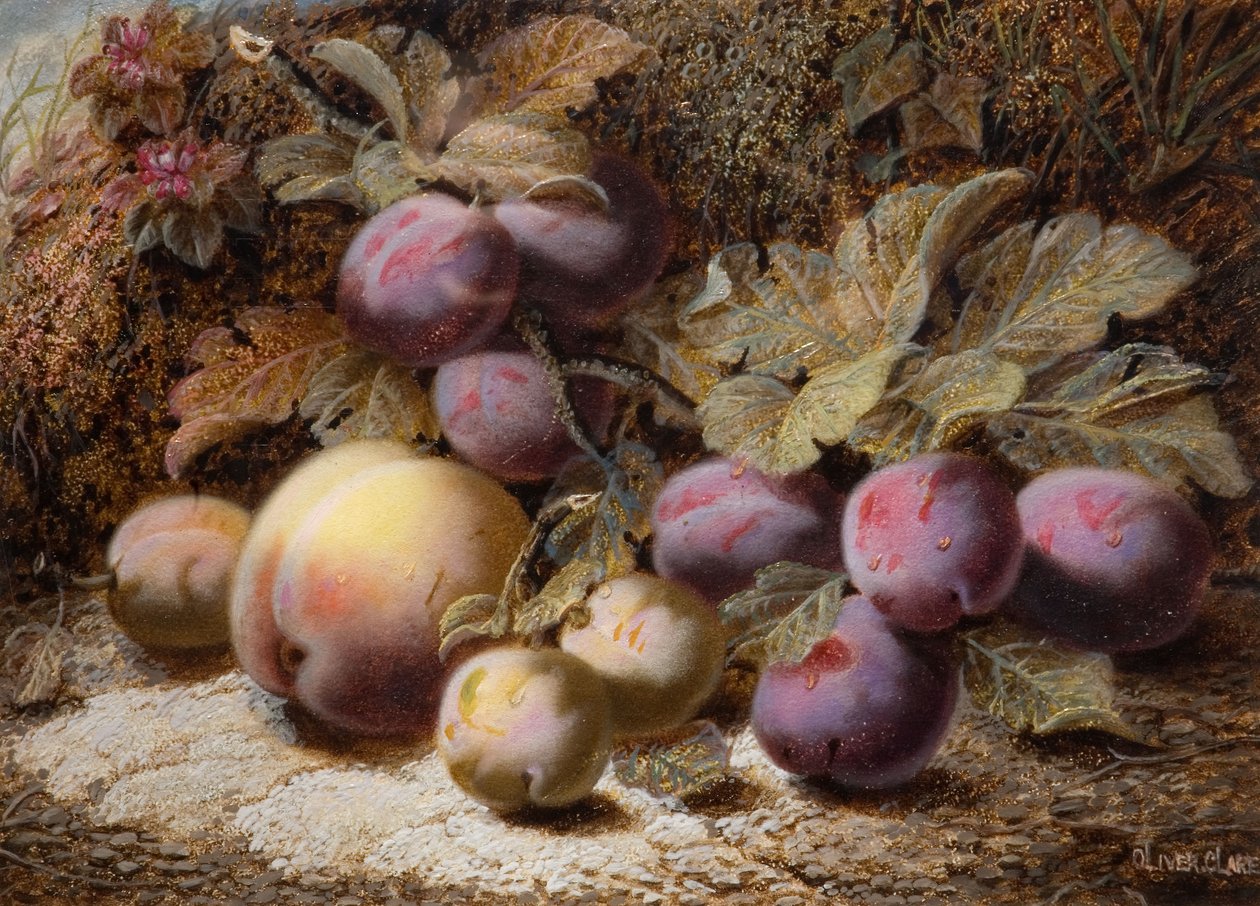 Natureza morta com pêssego e ameixas, 1916. de Oliver Clare