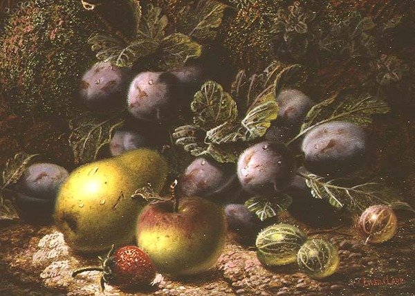 Natureza Morta com Ameixas, Gooseberries, Maçã, Pêra e Morango de Oliver Clare