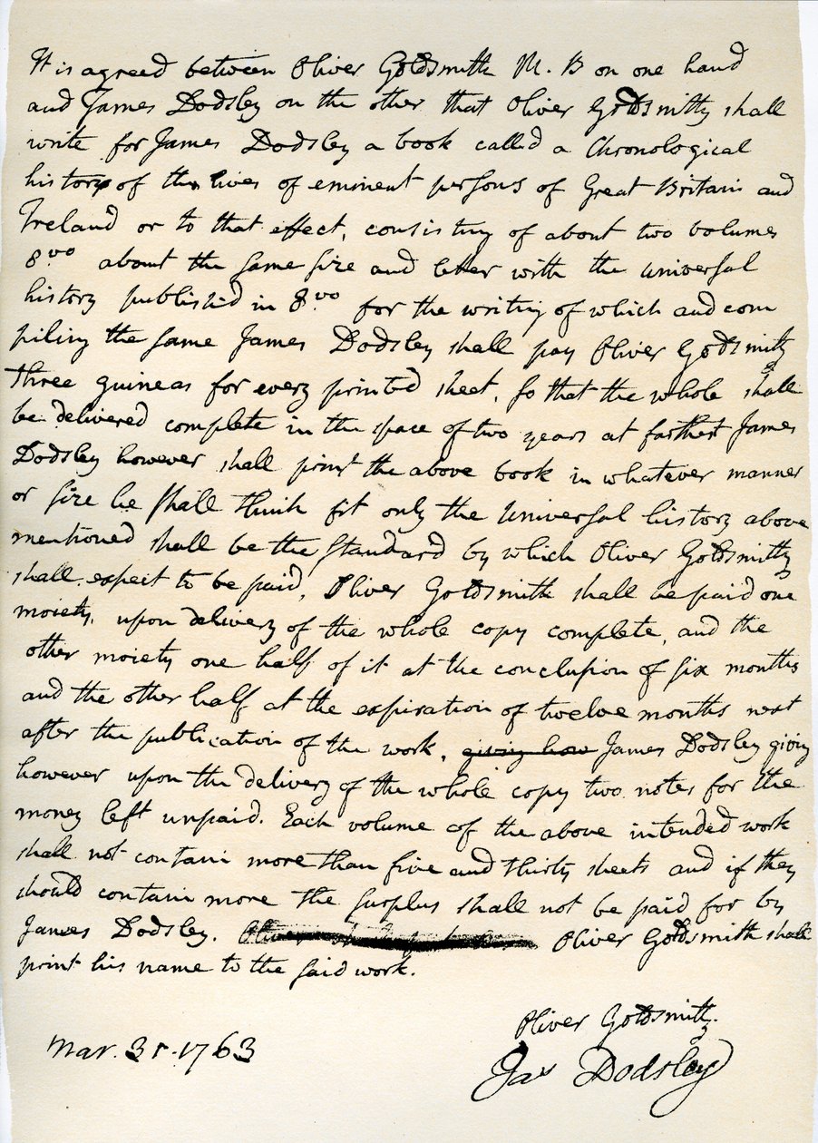 Acordo de Oliver Goldsmith para escrever para James Dodsley, 31 de março de 1763. de Oliver Goldsmith
