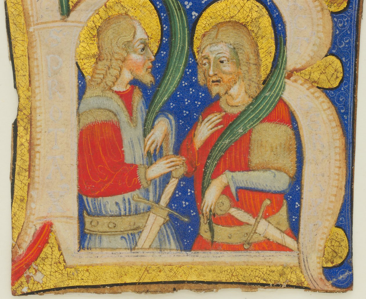 Corte de folha de manuscrito mostrando uma inicial R iluminada com São Protásio e São Gervásio, meados de 15 de Olivetan Master