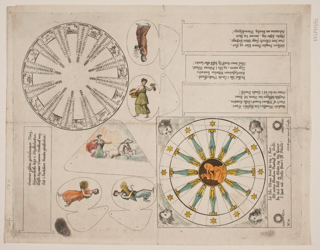 Placa de ilustração com círculo de almanaque e cinco versos de Oluf Olufsen Bagge