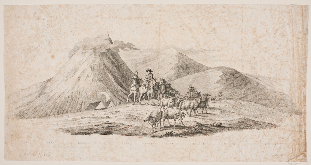Paisagem islandesa com ovelhas e cavaleiros de Oluf Olufsen Bagge