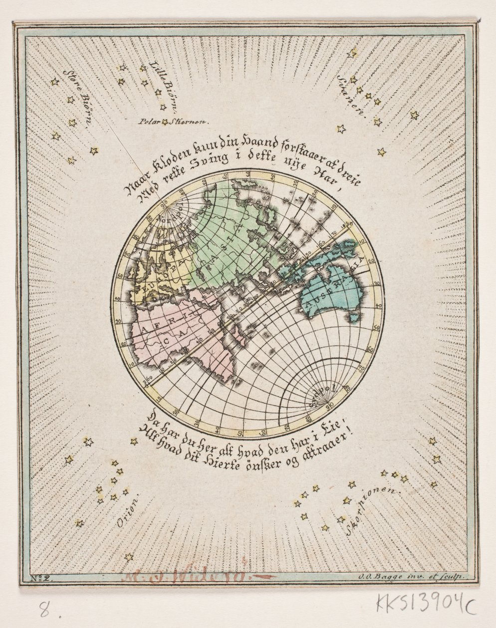 Mapa do mundo com poemas de Oluf Olufsen Bagge
