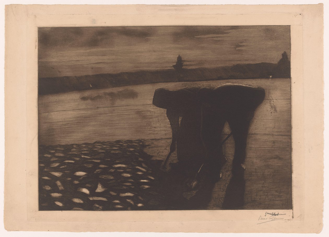 Homem e mulher trabalham no leito de um rio durante a noite de Omer Coppens (signed by artist)