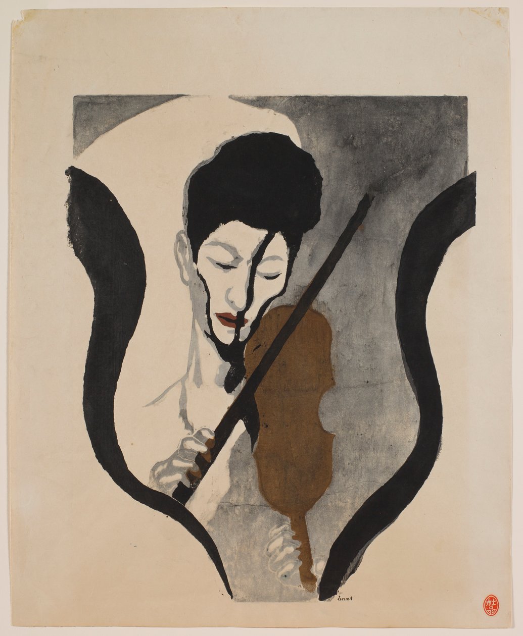 Impressão de um violinista (Retrato de Suwa Nejiko) de Onchi Kôshirô