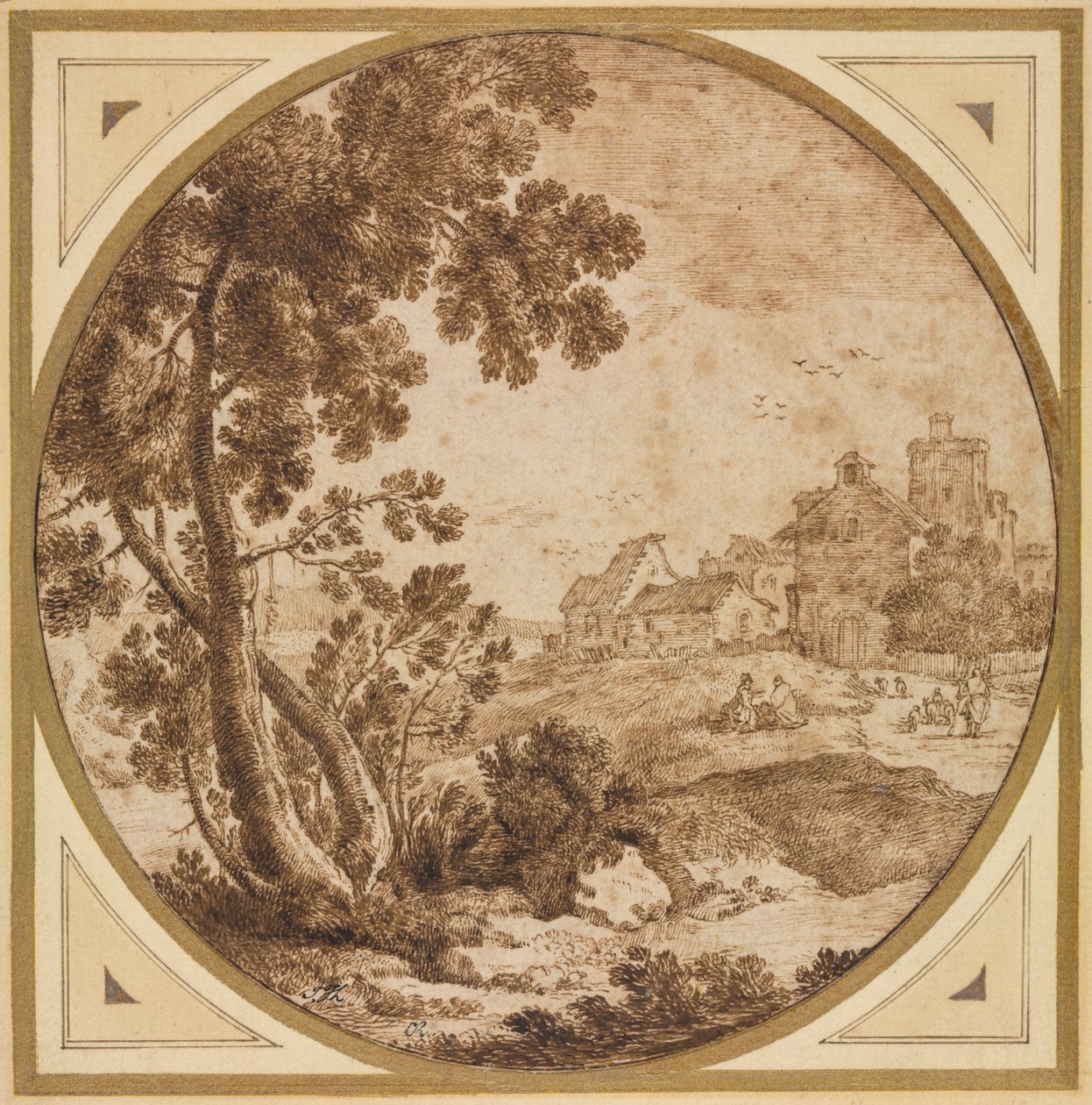 Paisagem com edifícios e figuras de Onorio Marinari