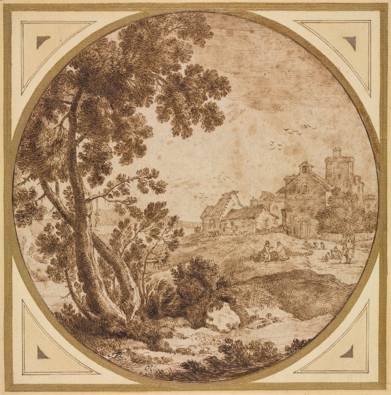 Paisagem com edifícios e figuras, segundo semestre de 1600. de Onorio Marinari