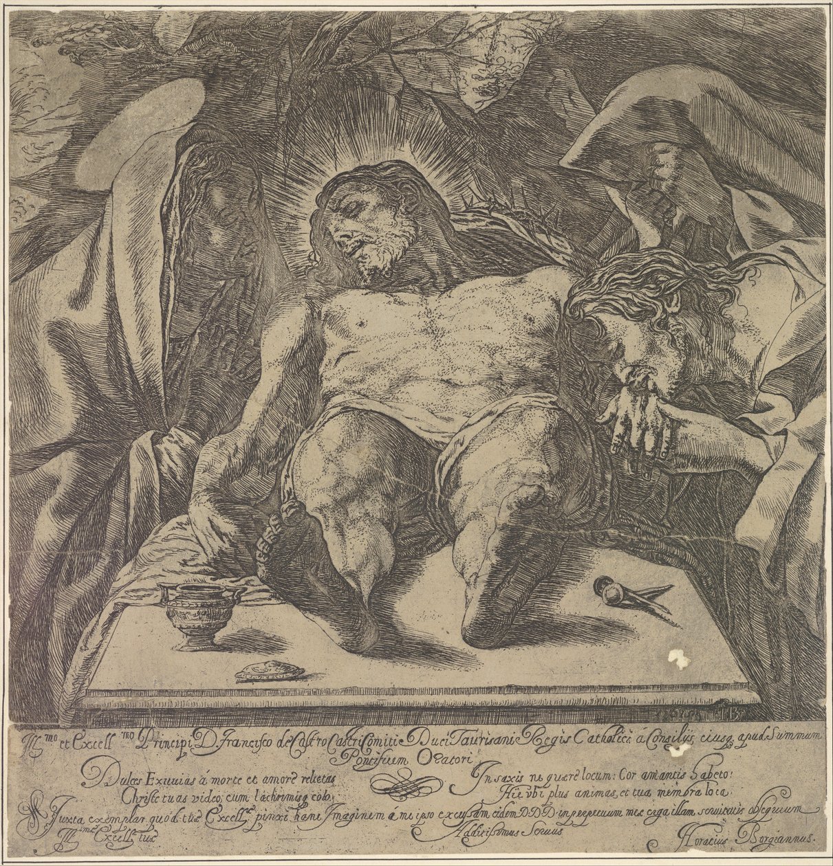 Lamentação sobre o corpo de Cristo pelas três Marias, um pote de pomada sobre a mesa para ..., 1615. de Orazio Borgianni