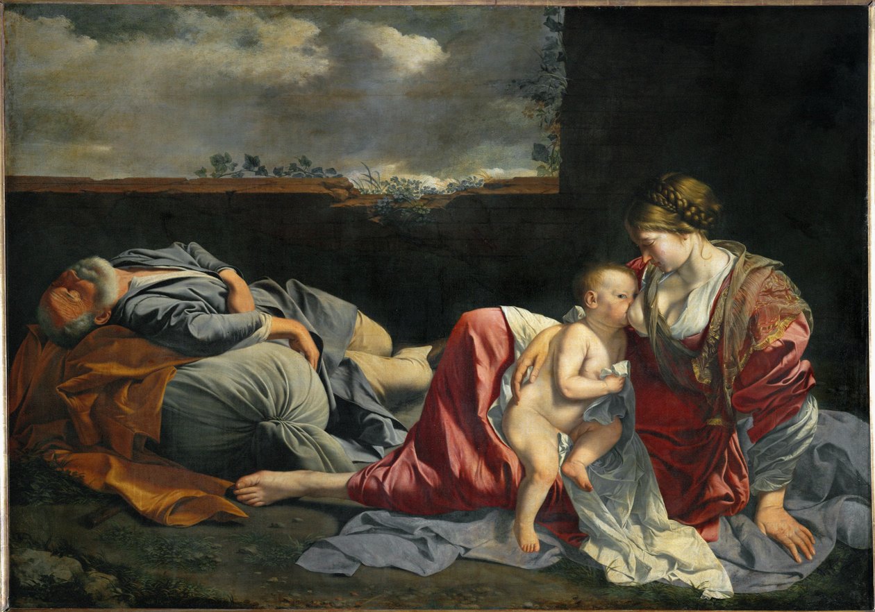 A Sagrada Família em repouso durante a fuga para o Egito ... de Orazio Gentileschi