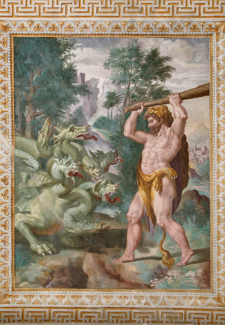 Hércules lutando contra a Hidra de Lerna, detalhe das Histórias de Hércules de Orazio Samacchini