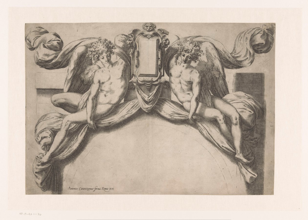 Desenho para uma moldura de porta com dois génios que seguram o cartucho de Orazio de Santis (attributed to)