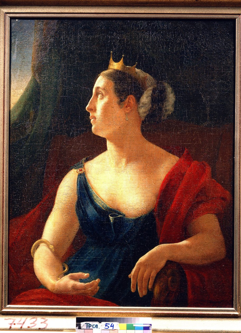 Retrato da atriz Ekaterina Semyonova (1786-1849), no papel de Clitemnestra, para a peça Ifigênia a Áulis de Eurípides. (Retrato da atriz E. Semyonova, como Clitemnestra na peça de teatro de Eurípides Ifigênia em Aulis). Pintar de Orest Adamovich Kiprensky