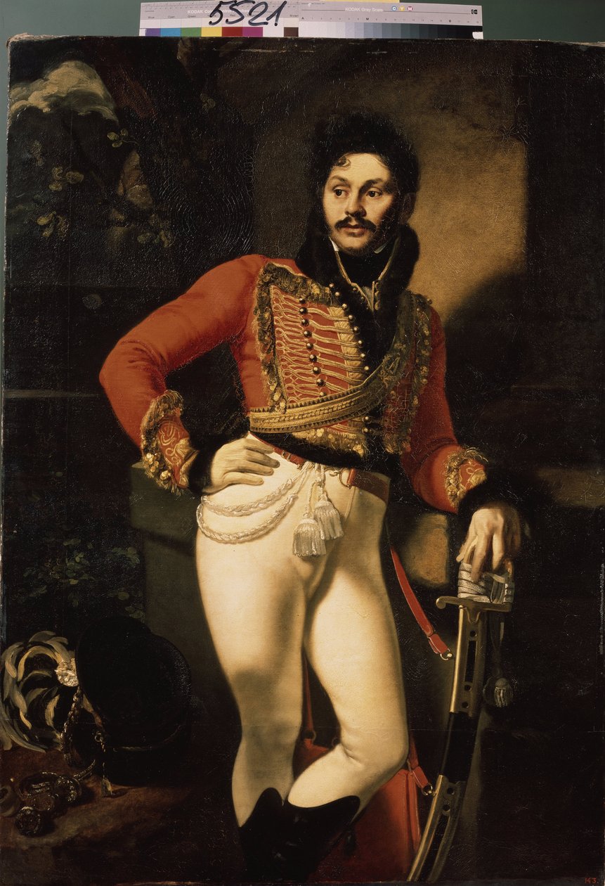 Retrato do coronel Hussar Eugraph Davydov (1775-1823). (Retrato do coronel Hussar E. Davydov). Pintura de Oreste Adamovich Kiprensky (Kiprenski) (1782-1836), óleo sobre tela de Orest Adamovich Kiprensky