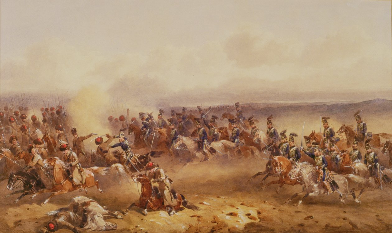Um esquadrão do 10º hussardo derrota os russos em Tchernaya, 16 de agosto de 1855, c.1890 de Orlando Norie