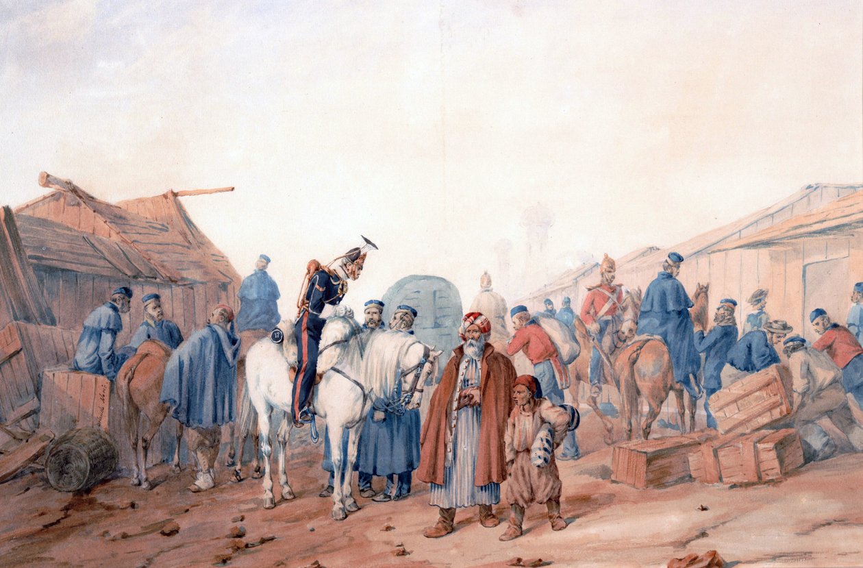 Base de abastecimento do Exército Britânico no porto de Balaclava (Balaklava) - Norie, Orlando (1832-1901) - 1854 - Aquarela sobre papel - 36,3x52,6 - Colecção Privada de Orlando Norie