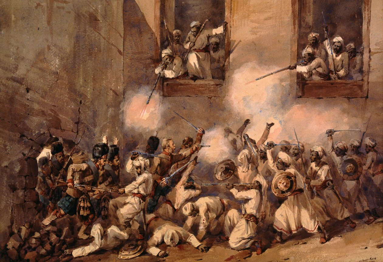 Os 93 Highlanders entrando na brecha no assalto do Secundrabagh, Lucknow, 16 de novembro de 1857 de Orlando Norie