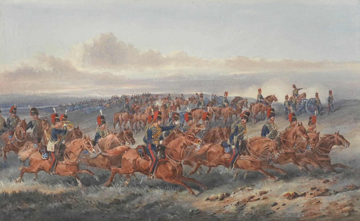 A Tropa Castanha (Uma Bateria) Royal Horse Artillery (aguarela sobre papel) de Orlando Norie