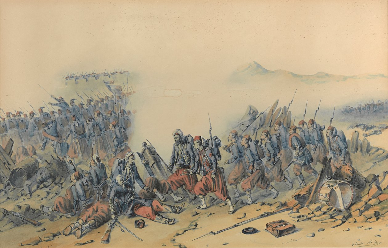 Zouaves com Baionetas (Crimea) (aguarela sobre papel) de Orlando Norie