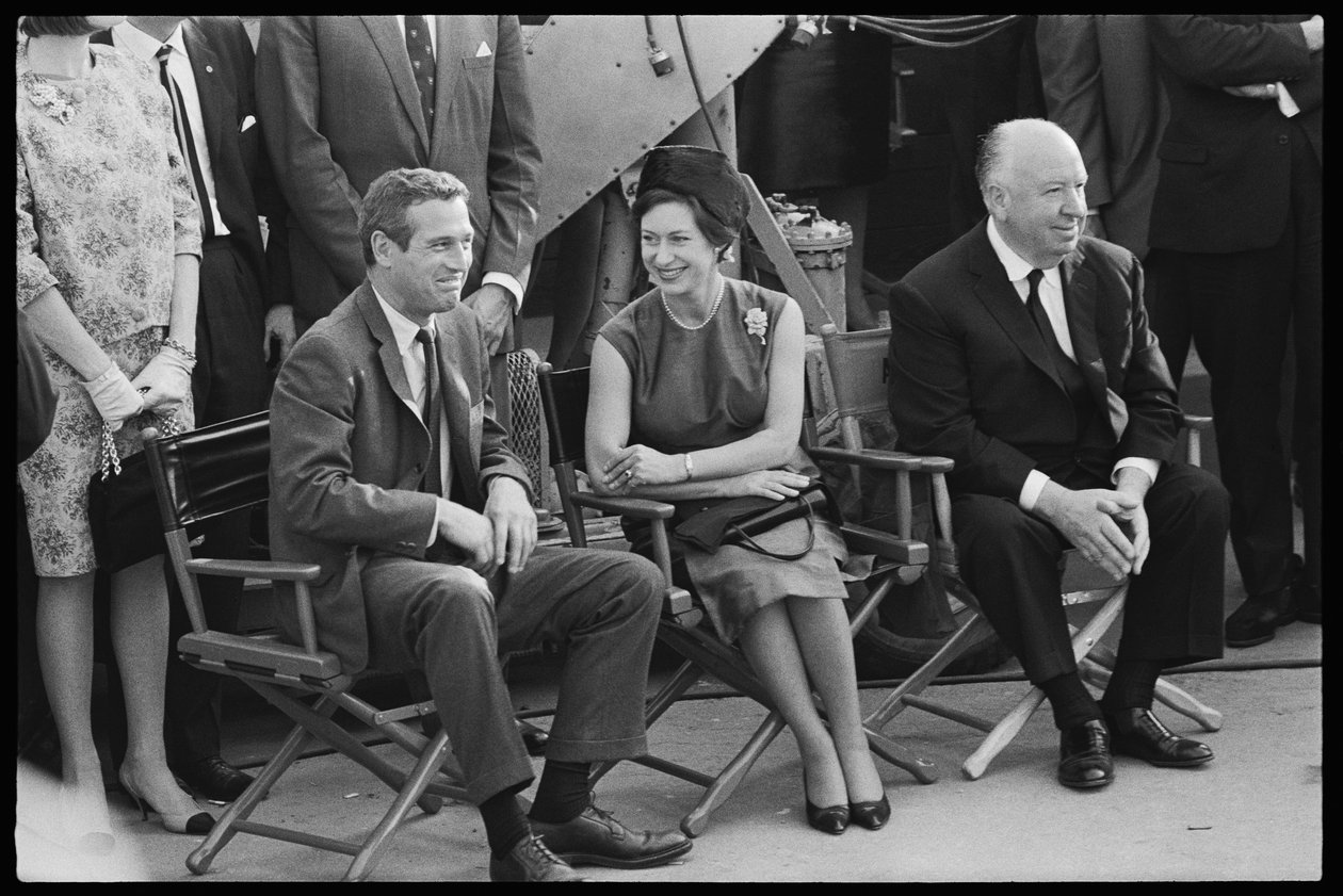 Paul Newman, a Princesa Margaret e Alfred Hitchcock no cenário de "Cortina Rasgada". de Orlando Suero