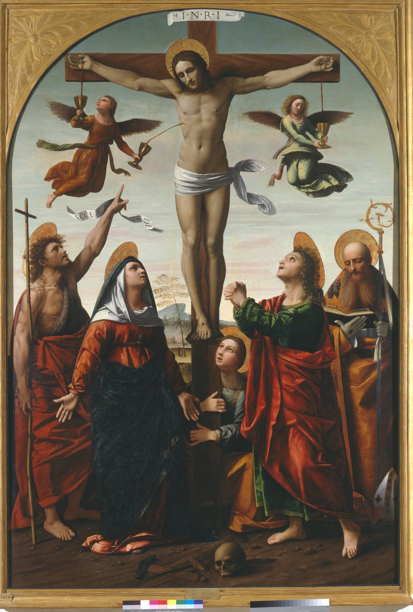 Crucificação com a Virgem e São João Batista, Santa Maria Madalena, São João Evangelista e Santo Agostinho de Ortolano