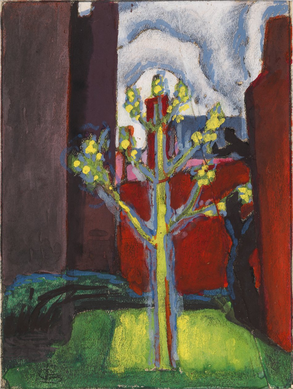 Árvore jovem no pátio vermelho, 1919. de Oscar Bluemner