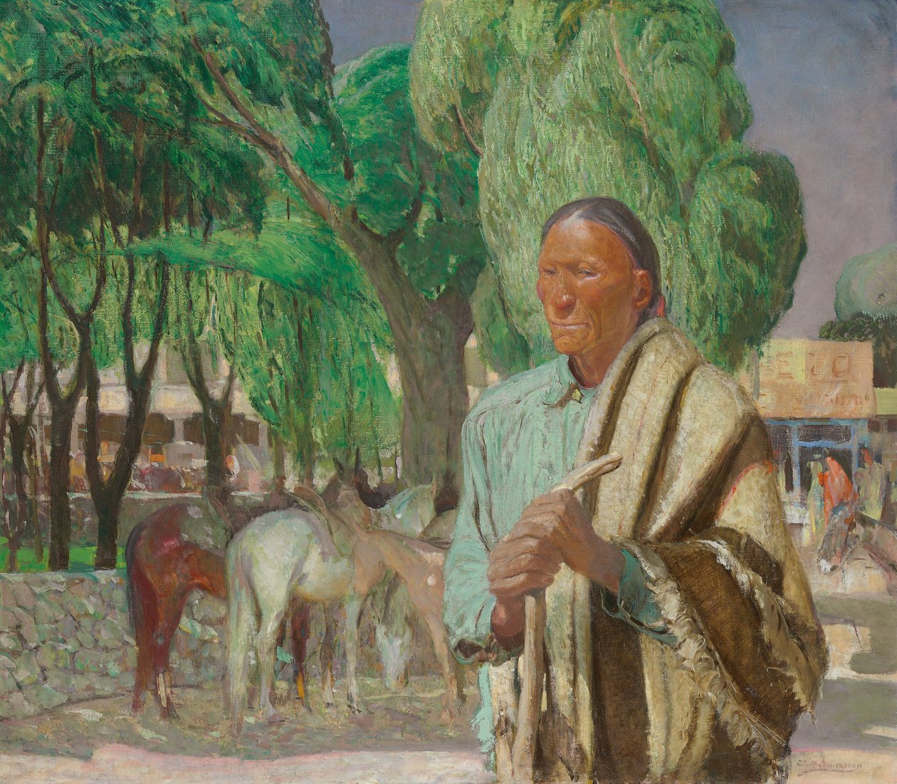 A Corner in the Taos Plaza, c.1925 (óleo sobre tela) de Oscar Edward Berninghaus
