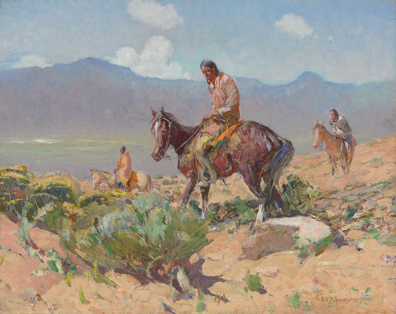 Índios a cavalo (caça de Verão) (óleo sobre tela) de Oscar Edward Berninghaus