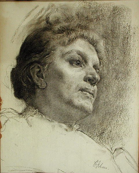 Cabeça de uma Mulher (carvão vegetal sobre papel) de Oscar Fehrer