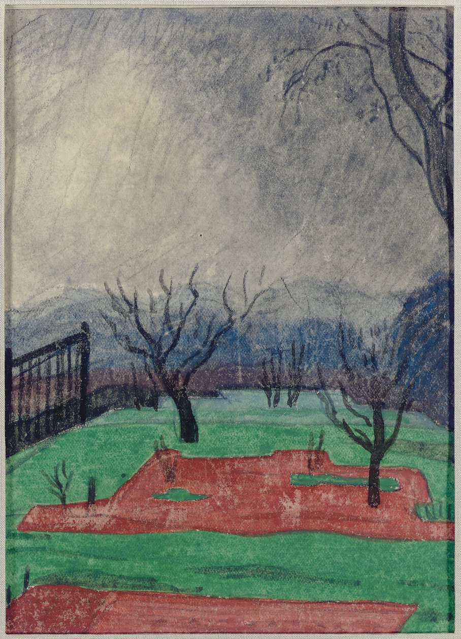 Campo ao pôr do sol (c - c & crayon no papel) de Oscar Florianus Bluemner