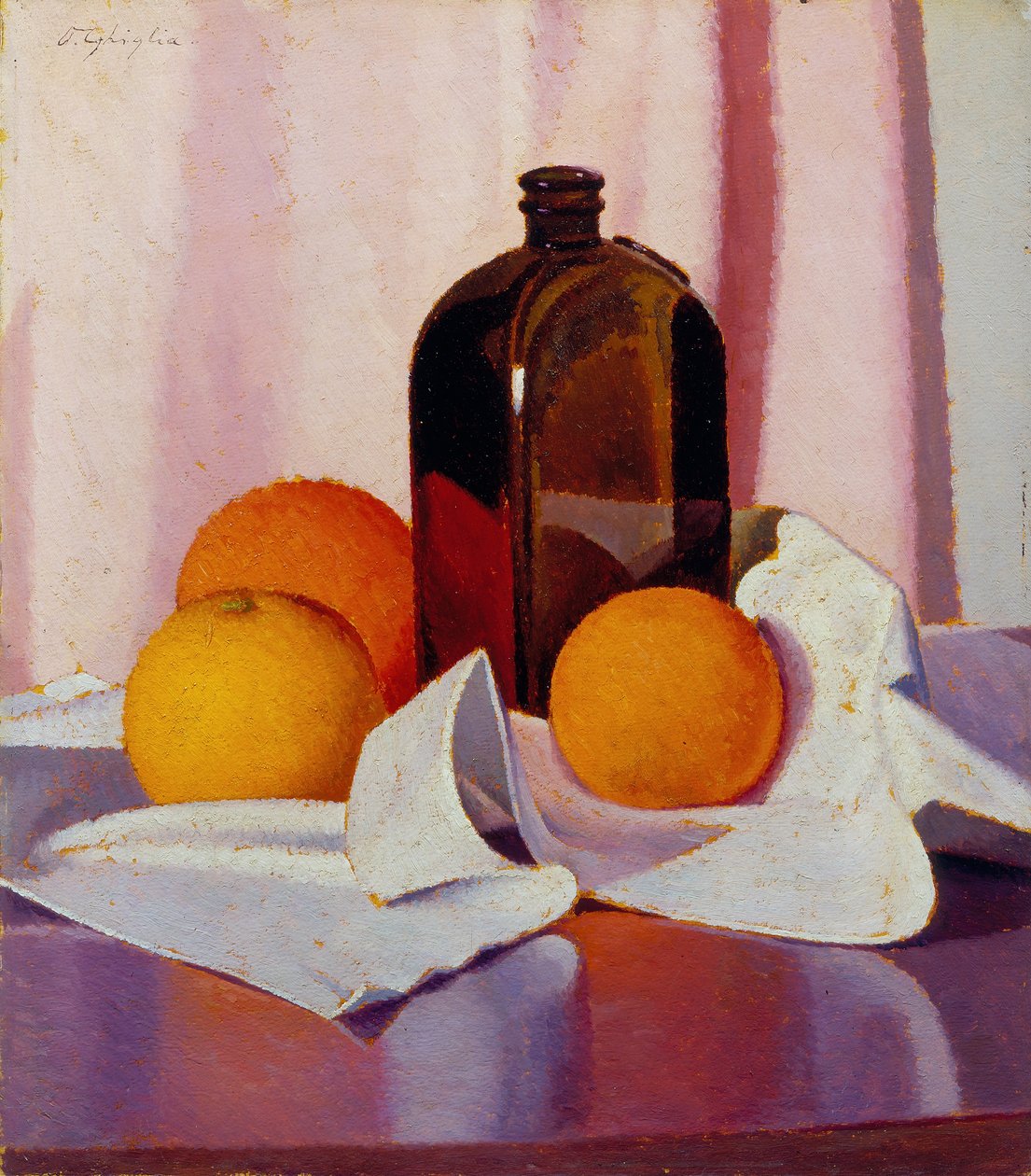 Laranjas e garrafa, c.1930-40 (óleo sobre cartão) de Oscar Ghiglia