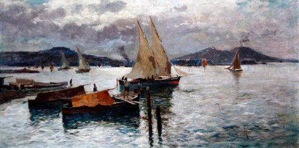 A Baía de Nápoles, c.1900 (petróleo a bordo) de Oscar Ricciardi