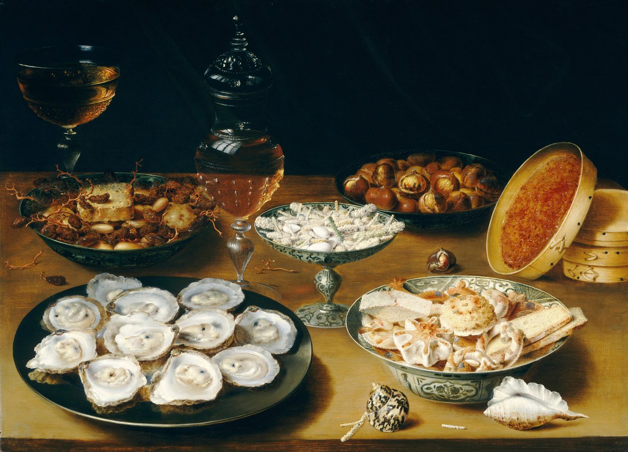 Pratos com ostras, frutas e vinho de Osias Beeret