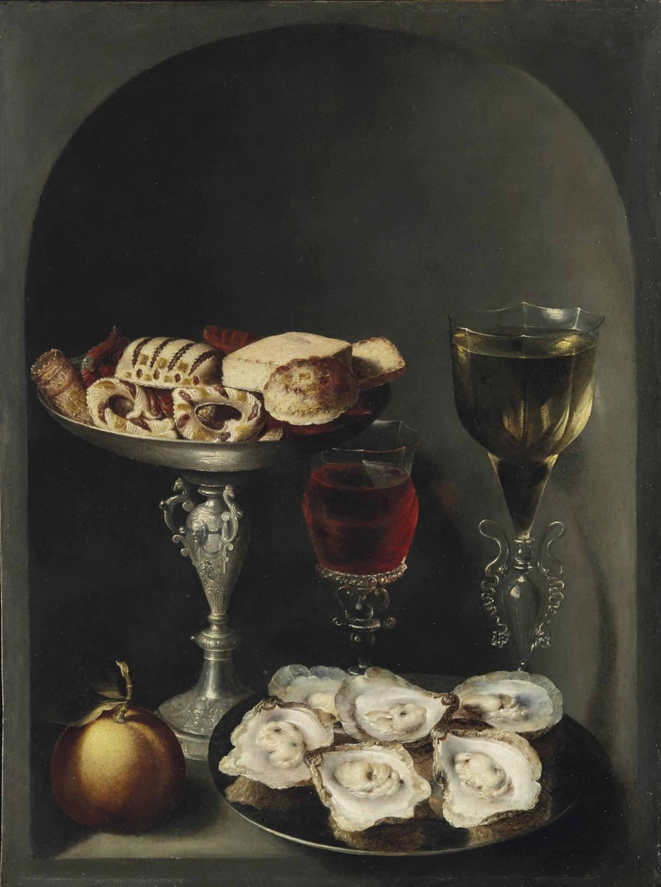 Ostras em um prato de estanho, doces e biscoitos em uma tazza prateada, dois copos de vinho de fachada e uma laranja em um nicho de Osias the Elder Beert