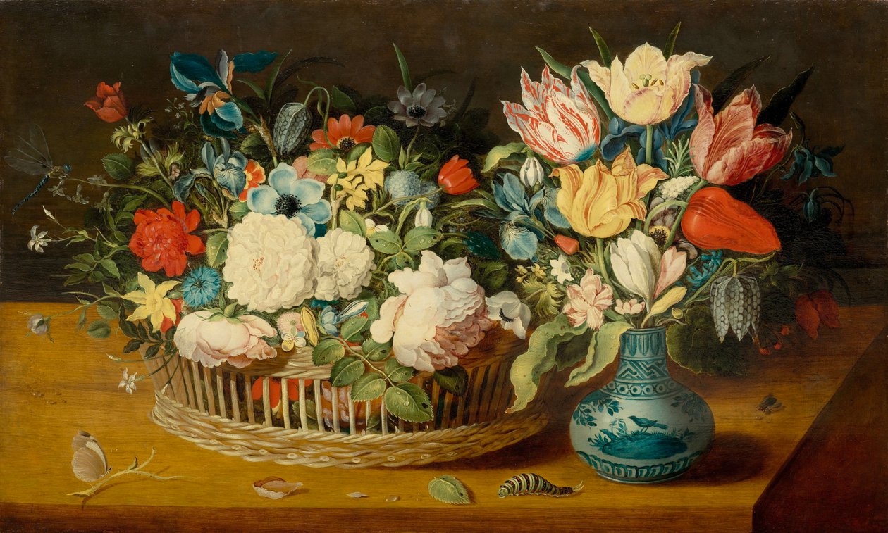 Ainda vida com flores em uma cesta de vime e buquê em um vaso de porcelana de Osias the Elder Beert
