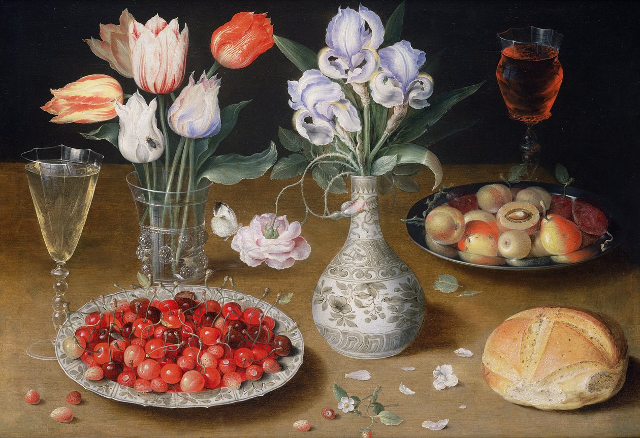 Ainda vida com lírios, rosas, tulipas, cerejas e morangos silvestres de Osias the Elder Beert