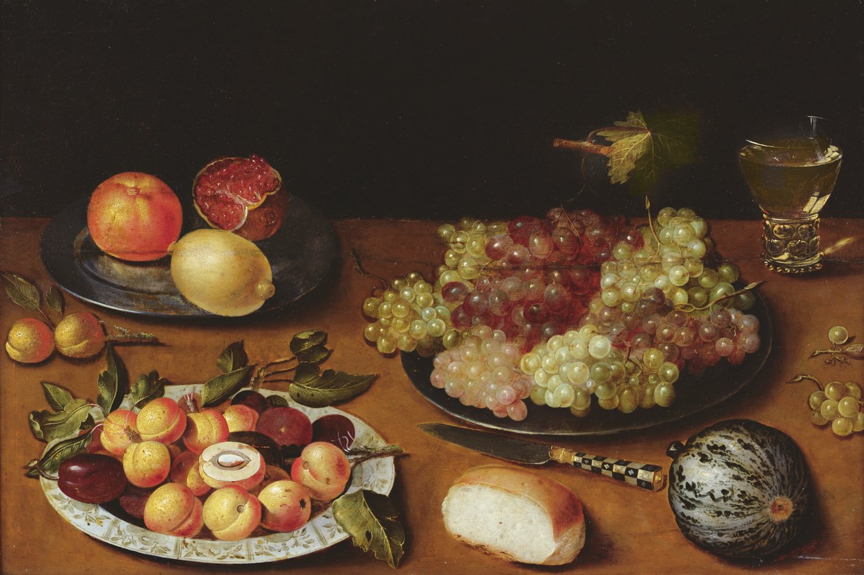 Ainda vida com uvas, romãs e damascos (óleo sobre madeira) de Osias the Elder Beert