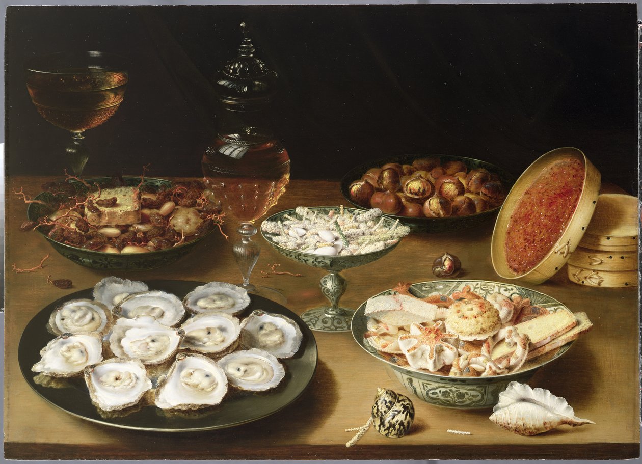 Ainda vida com ostras, doces e castanhas assadas (painel) de Osias the Elder Beert