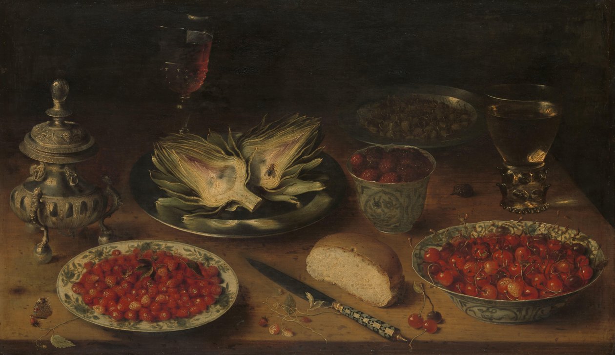 Natureza morta com alcachofra, fruta em porcelana Kraak, saleiro/pimenta rícino de Osias Beert (I)