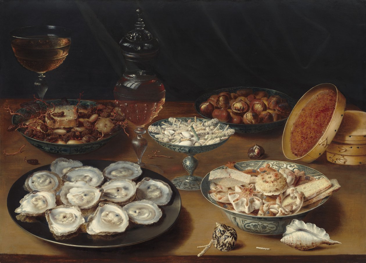 Pratos com Ostras, Frutas e Vinho, c. 16201625. de Osias Beert the Elder
