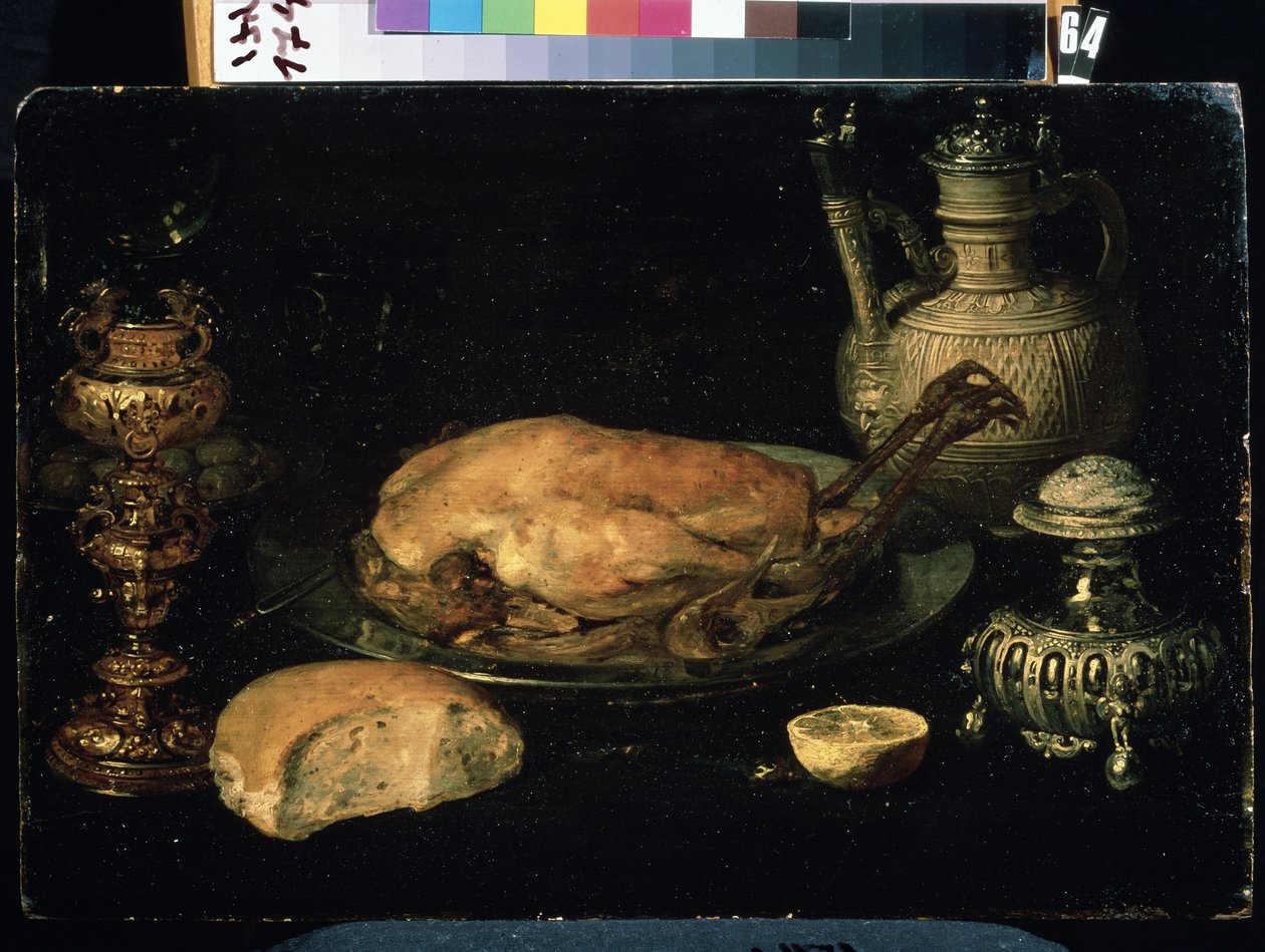 "Natureza morta de galinha, limão, pão, prataria e candeeiro de petróleo" (Natureza morta) Pintura de Osias Beert, o Ancião (1580-1624) Século XVII Mikhail Kroshitsky Art Museum, Sevastopol (Sebastopol) Ucrânia de Osias the Elder Beert