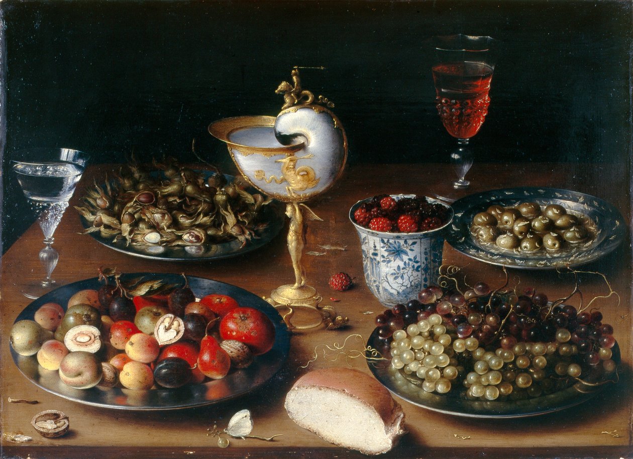 Natureza-morta com Taça de Nautilus, Fruta, Nozes e Vinho, c.1610 (óleo sobre painel de carvalho) de Osias the Elder Beert