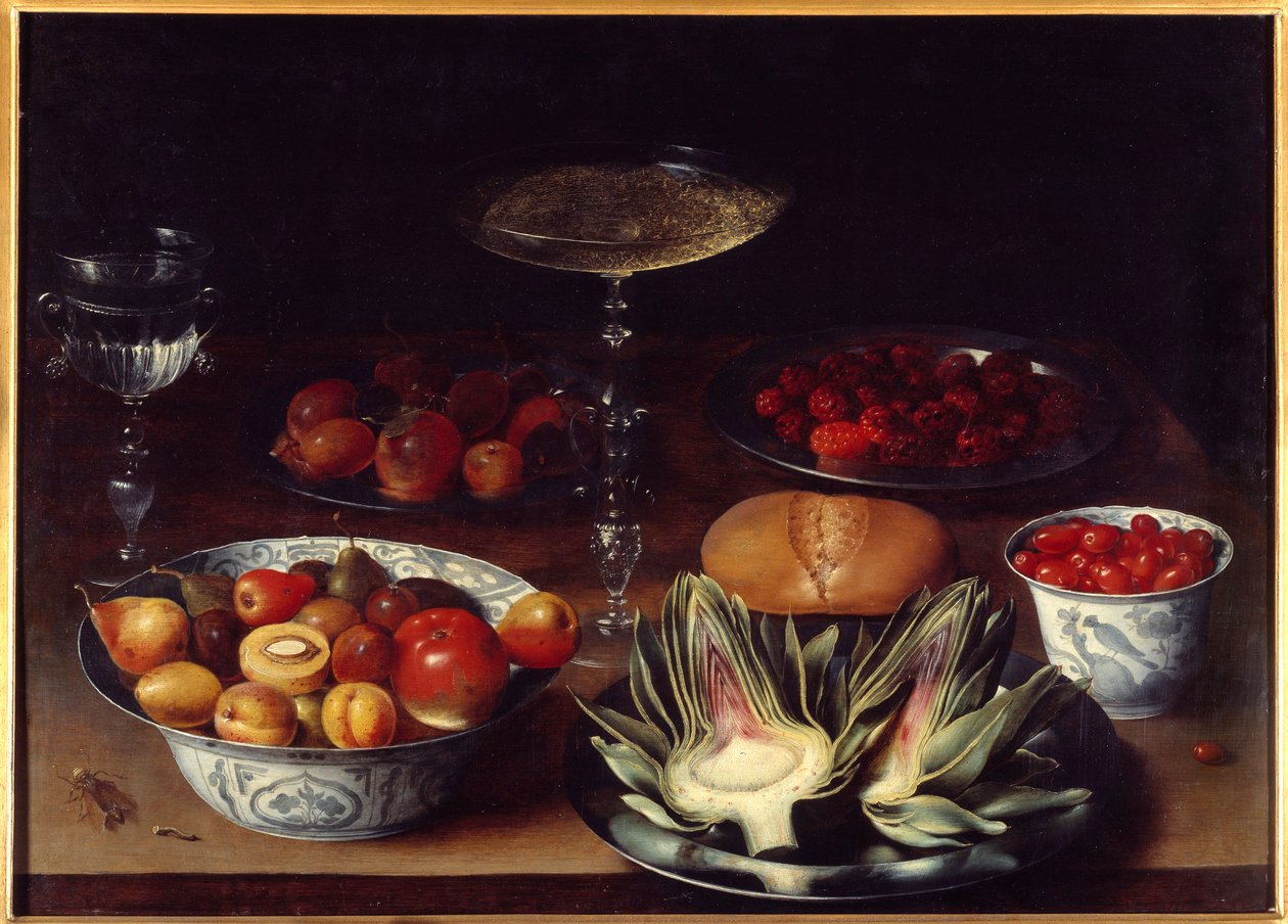 Natureza morta com alcachofras Uma mesa coberta com alcachofras, cerejas, damascos, pêssegos, peras, framboesas. Pintura de Osias Beert I ou l