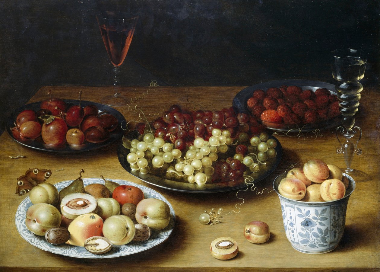 Natureza morta com fruta e copos, por Osias Beert (1580-1624), óleo sobre madeira de Osias the Elder Beert