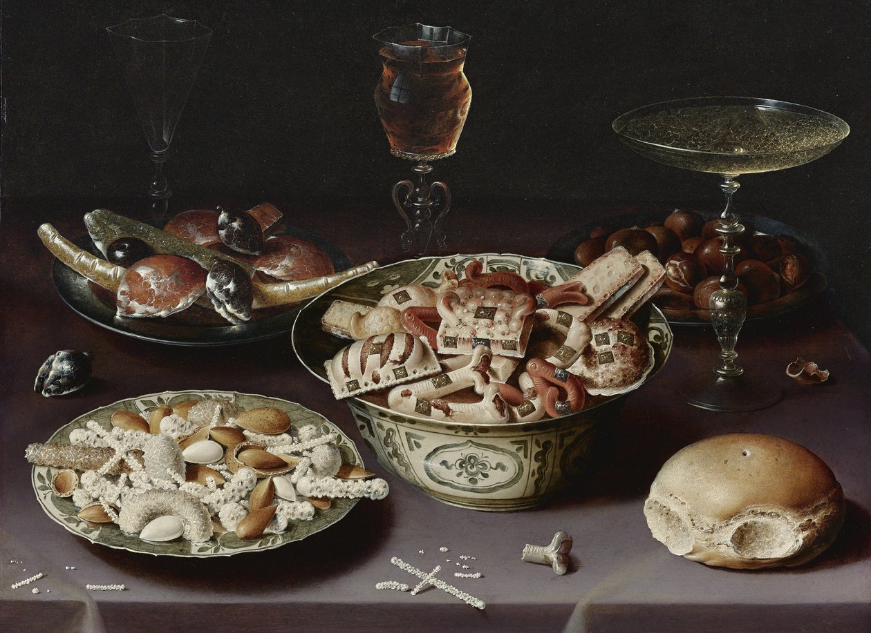 Natureza morta com doces, castanhas e pão francês de Osias the Elder Beert