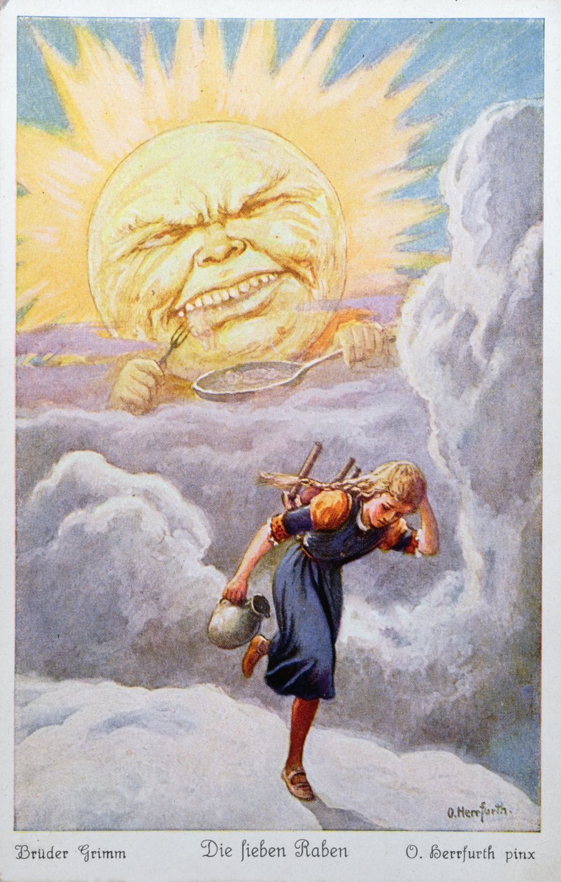 A jovem em sua jornada para resgatar seus irmãos, foge do calor extremo do sol, que ameaça cozinhá-la e comê-la, ilustração dos Sete Corvos pelos irmãos Grimm de Oskar Herrfurth