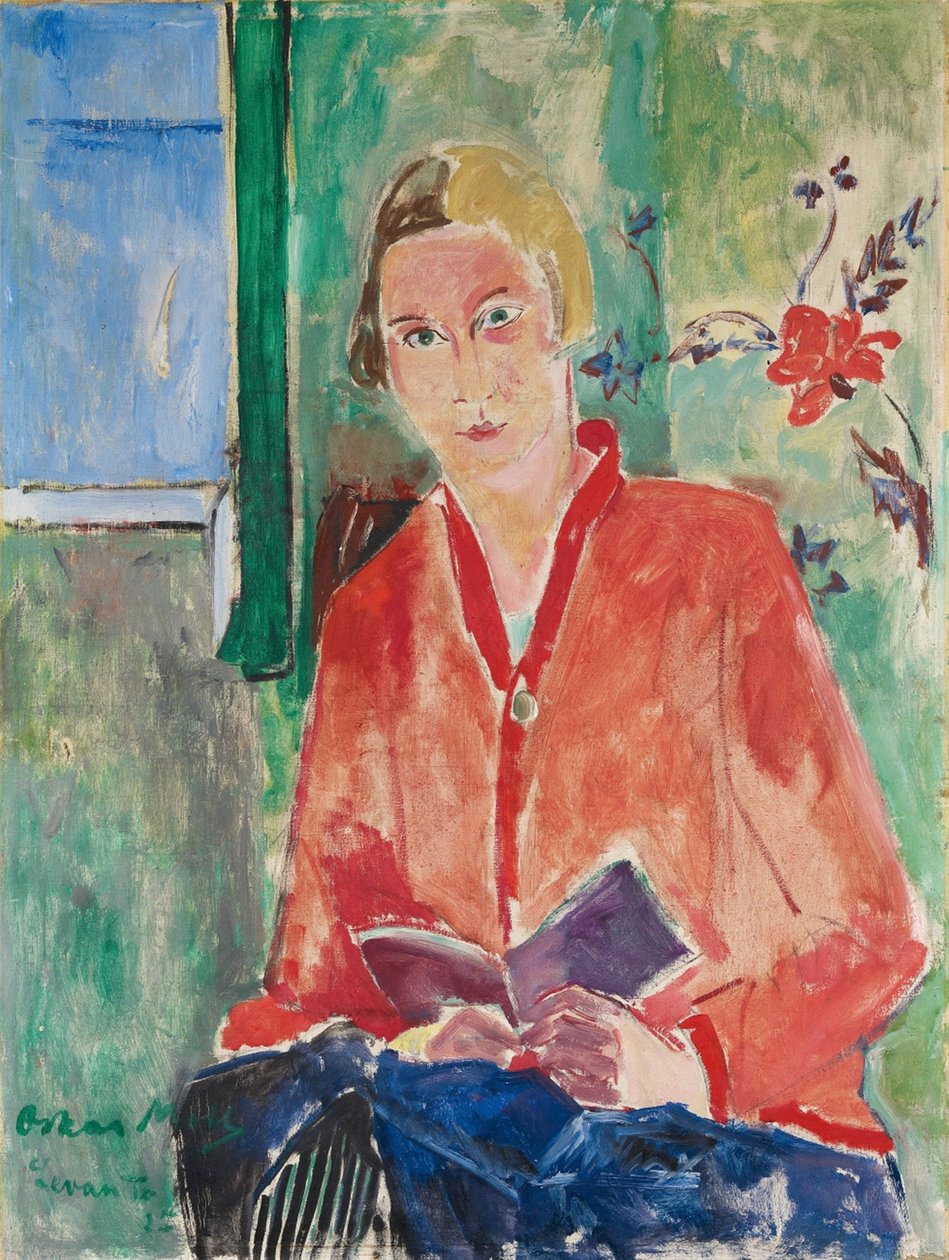 Leitura com casaco vermelho de Oskar Moll